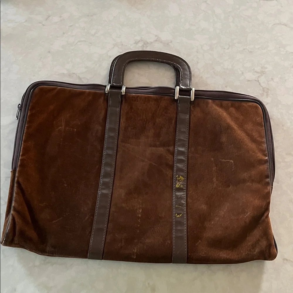 Brown Suede with leather trim laptop bag. Lovely patterned interior zip pocket